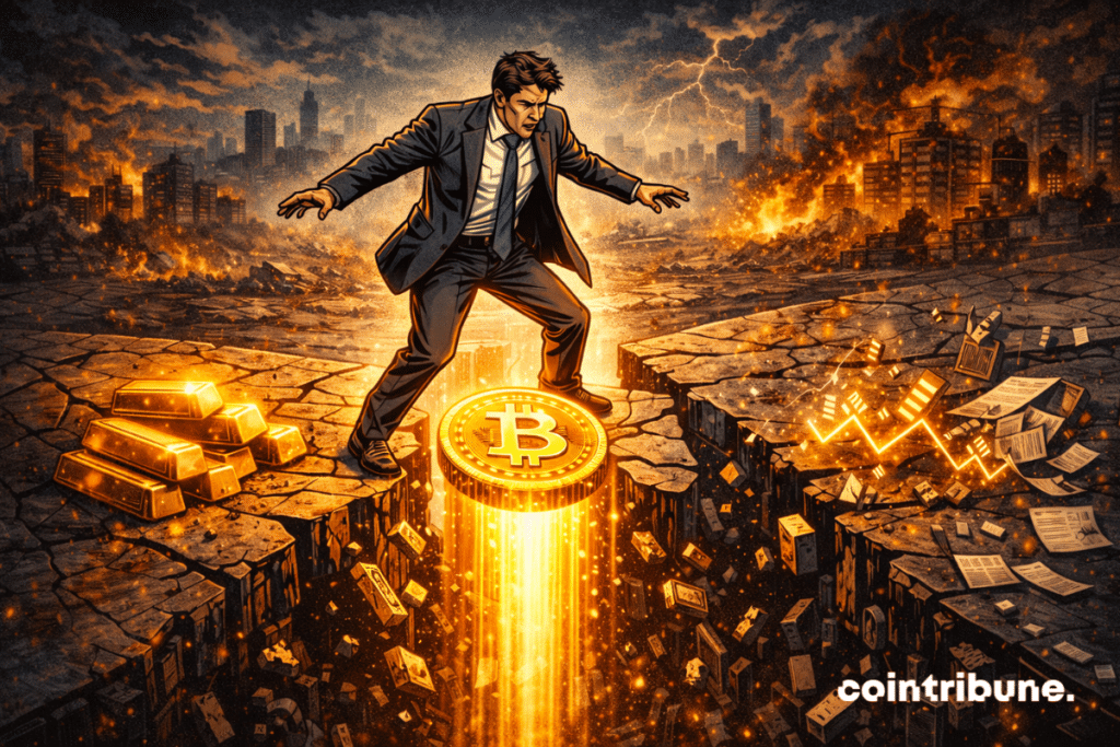 En una ciudad en crisis, se observan lingotes de oro a la izquierda, documentos/acciones que se desintegran a la derecha, y en el centro, un Bitcoin luminoso y estable.