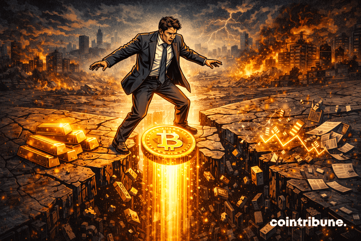 Dans une urbaine en crise, l’on observe à gauche des lingots d’or, à droite des documents/actions qui se désagrègent, et au centre un Bitcoin lumineux stable.