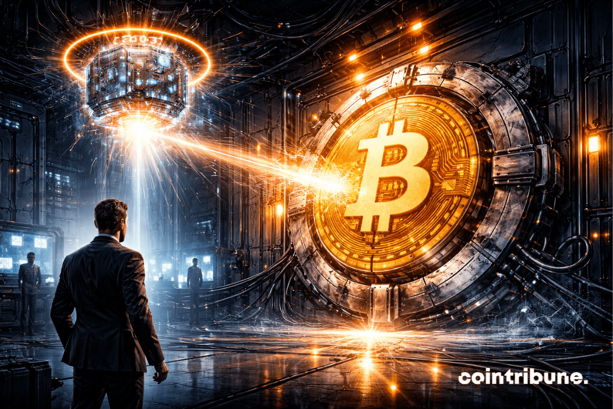 Dans un grand laboratoire futuriste, un immense ordinateur quantique lumineux fait face à un Bitcoin colossal protégé par une coque ou un champ énergétique qui commence à se fissurer.
