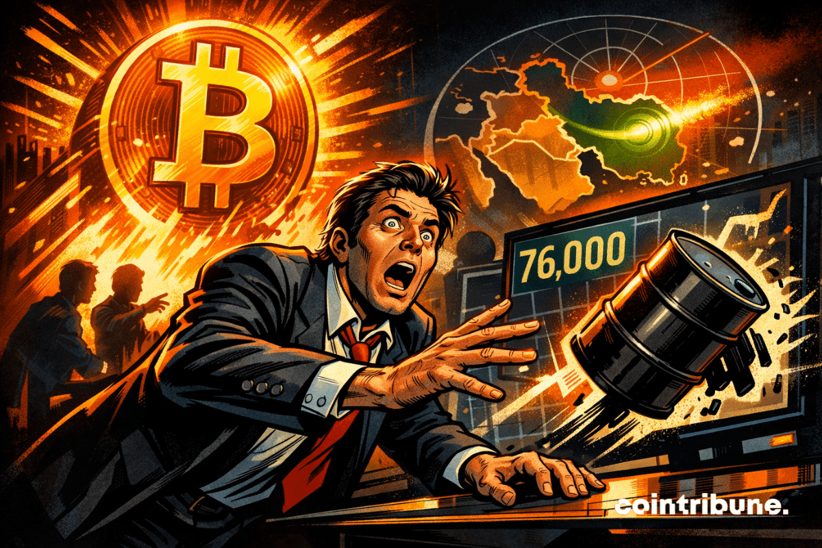 Shocked trader facing rising Bitcoin and falling oil.