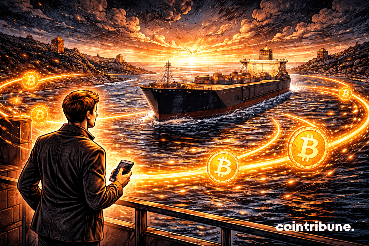 Un tanker passe tandis que des flux numériques lumineux apparaissent autour, ce qui symbolise le péage en Bitcoin envisagé par l’Iran.
