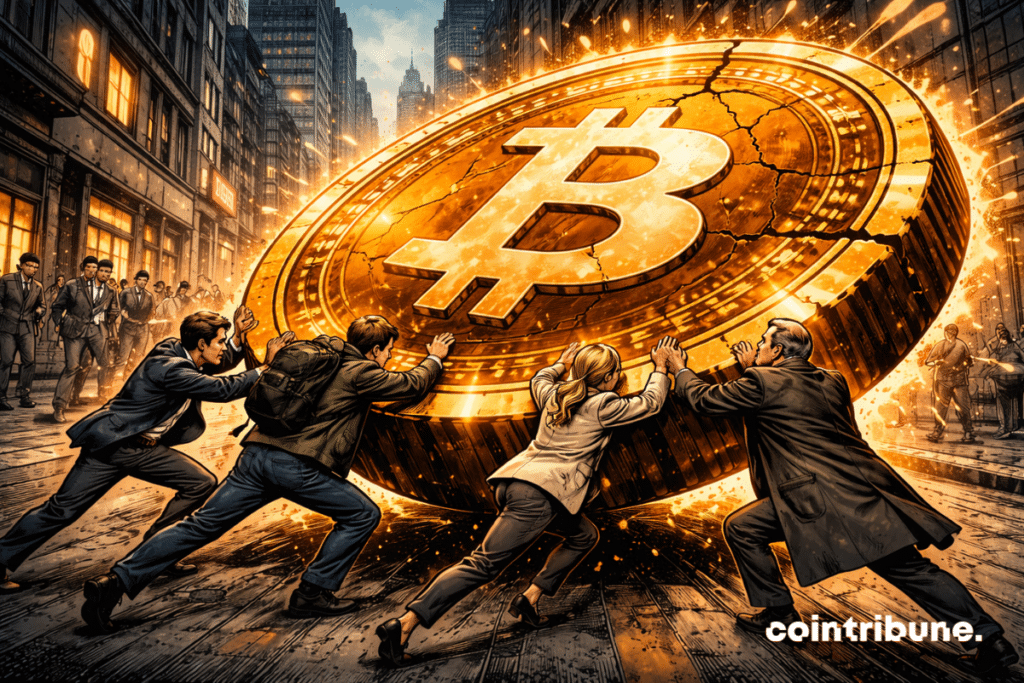Analysts or institutional investors are trying to prevent the collapse of the giant Bitcoin, marked by glowing internal cracks with small fragments floating around.