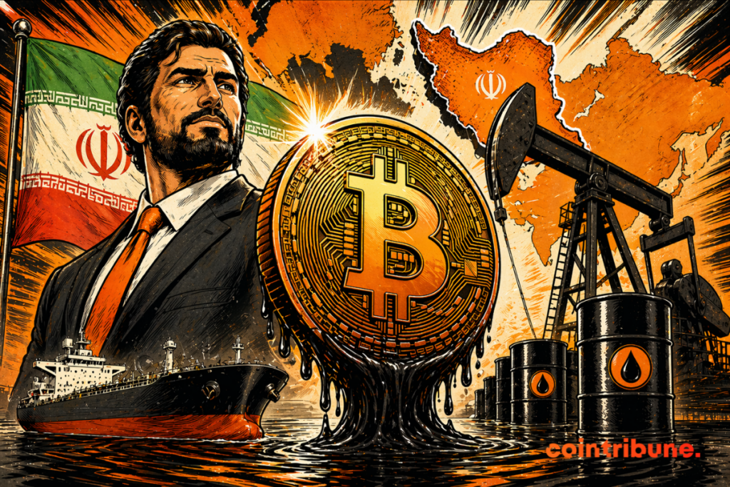 Illustration d’un Bitcoin émergeant du pétrole, entouré de barils et d’une pompe pétrolière, avec la carte de l’Iran en arrière-plan, symbolisant le lien entre pétrole et nouvelles alternatives monétaires.