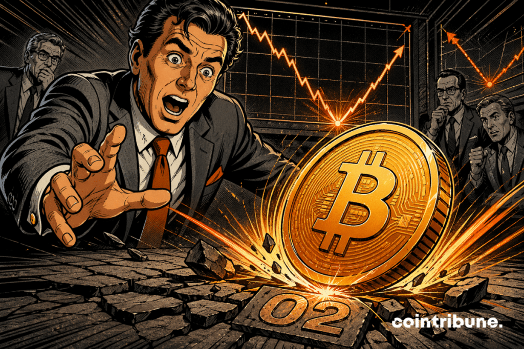 Un Bitcoin frappant un sol marqué 02