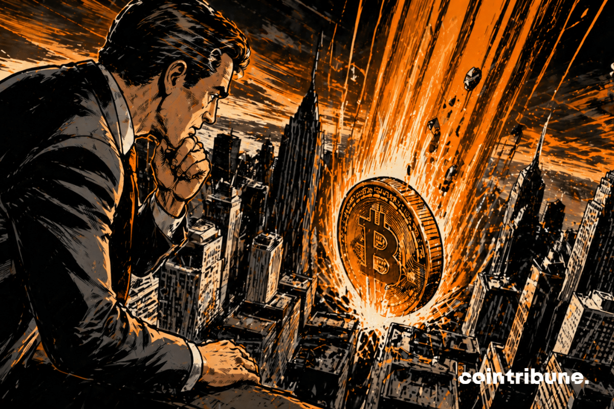 A Bitcoin falls between buildings.