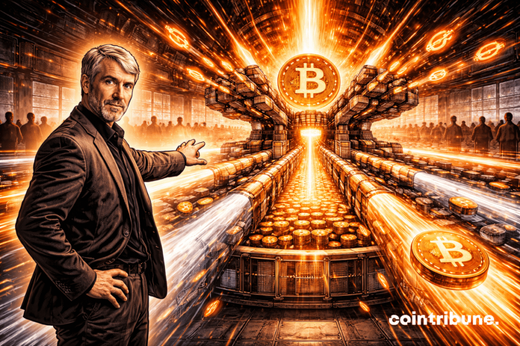 Une machine financière abstraite ou un noyau modulaire capte et canalise des formes Bitcoin vers une réserve centrale en expansion, ce qui symbolise le nouveau modèle d’accumulation de Saylor grâce au STRC.