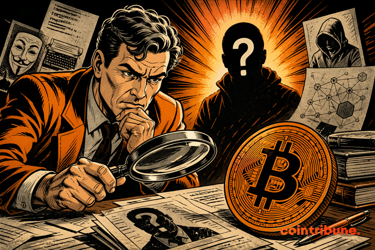 Illustration of an investigator examining documents with a magnifying glass, facing an anonymous silhouette marked with a question mark, with a bitcoin coin in the foreground, symbolizing the mystery surrounding Satoshi Nakamoto.