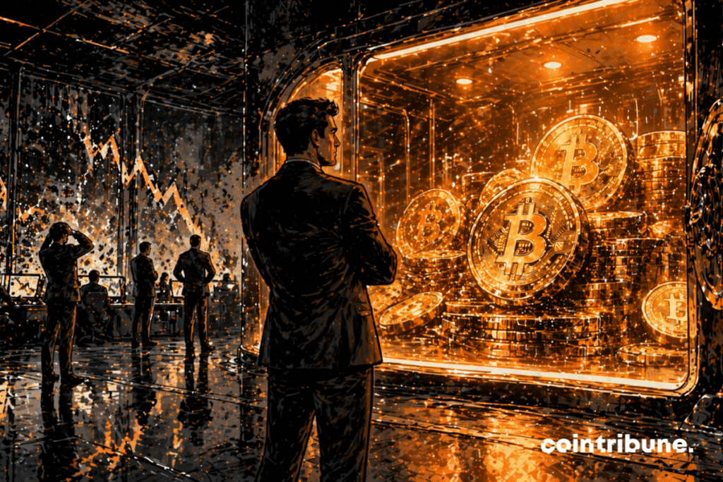 Une réserve lumineuse de Bitcoin reste intacte derrière un représentant de Tesla, alors qu’autour l’environnement montre des signes de tension financière.