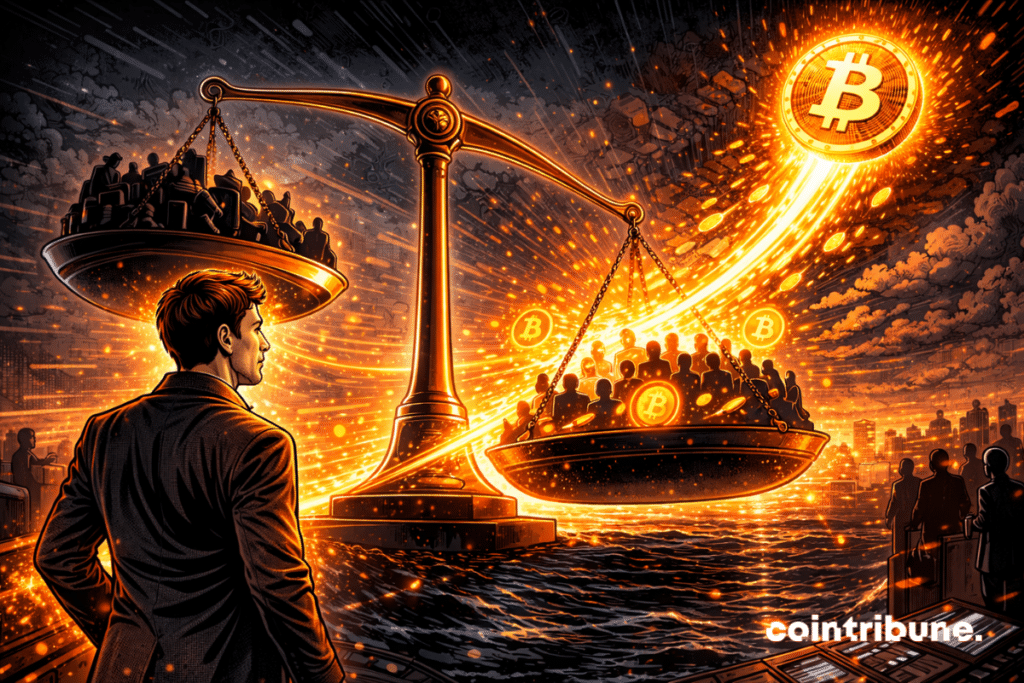 A gigantic symbolic scale stands at the center of the scene. On one side, elements represent the sellers, while on the other, dynamic streams of light represent the buyers tipping the balance. Above or in the background, an abstract Bitcoin rises sharply along an upward diagonal. A trader watches the scale.