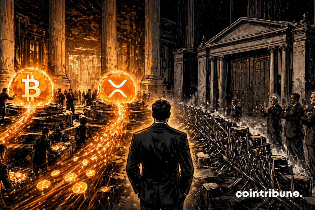 Deux noyaux d’accumulation abstraits représentant le Bitcoin et le XRP reçoivent des flux massifs, tandis qu’au fond une imposante façade bancaire semble se refermer ou opposer une barrière symbolique.