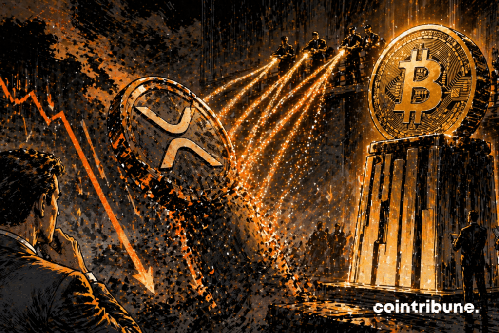 Une structure abstraite représentant le XRP est en train de descendre ou de se fissurer légèrement. Des flux lumineux (institutionnels) convergent vers elle, mais ne parviennent pas à stopper la chute. À côté, une structure Bitcoin reste stable ou légèrement ascendante.