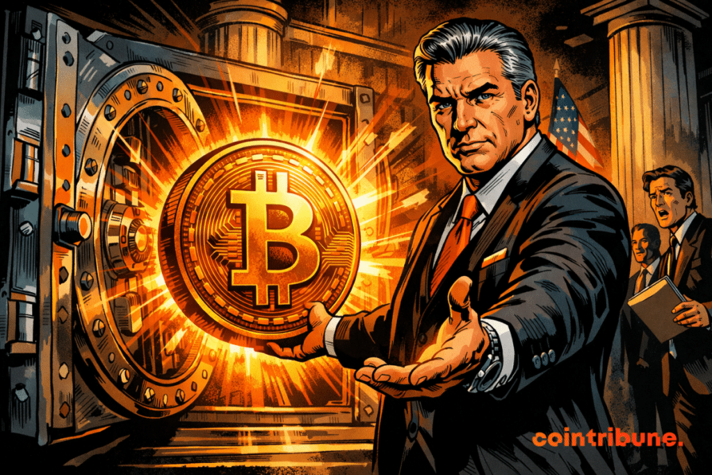 A banking executive unveils a huge glowing Bitcoin coin emerging from a vault.