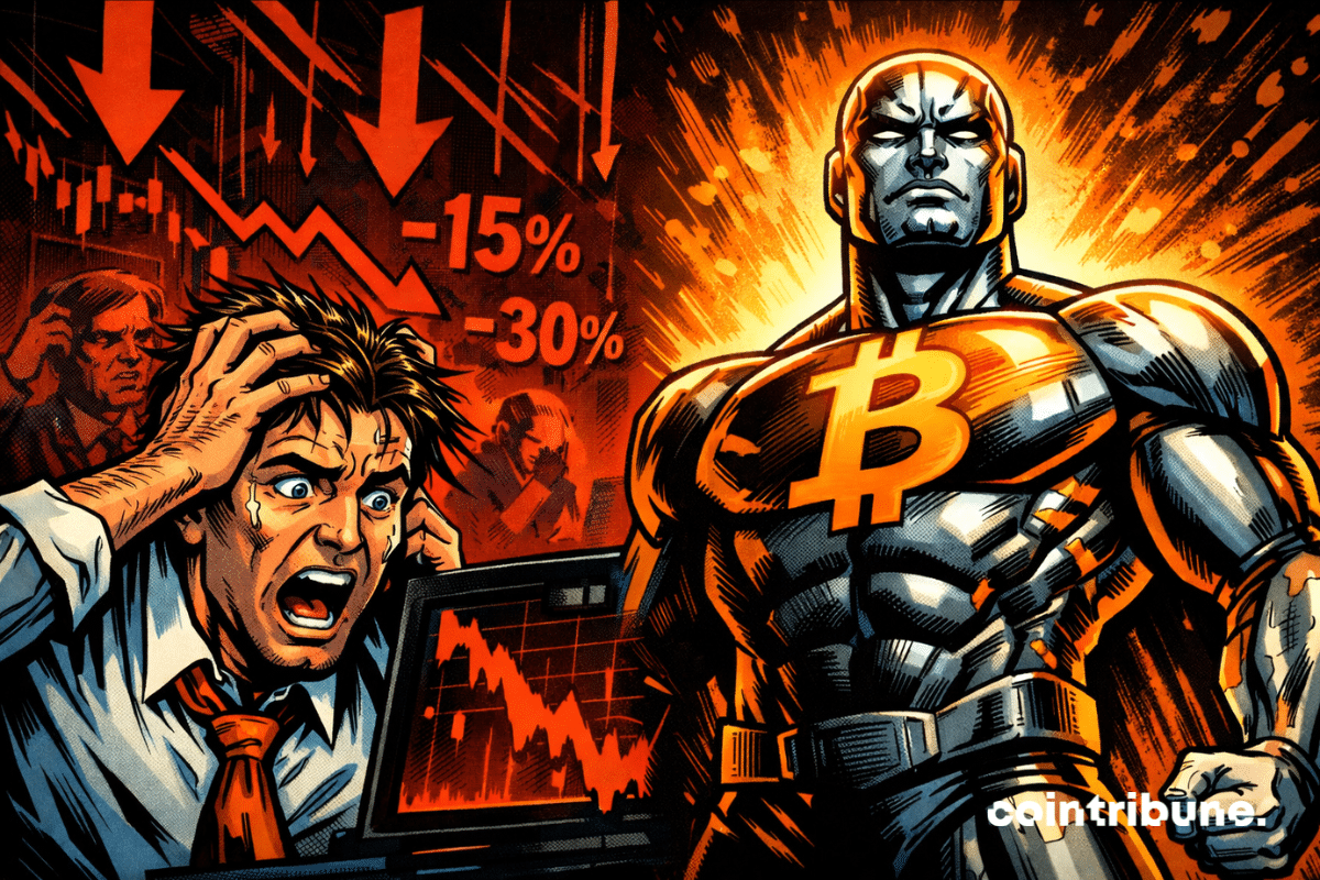 Illustration d’un marché crypto sous pression : un trader paniqué face à un graphique en chute (-15 %, -30 %) tandis qu’une figure musclée incarnant le Bitcoin reste debout, symbolisant la résistance du BTC malgré un sentiment de marché fortement négatif.