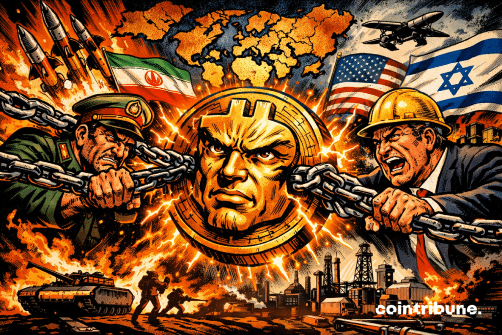 A symbolic illustration of Bitcoin at the heart of global geopolitical tensions between conflicts, energy and markets that include Iran, the United States and Israel.