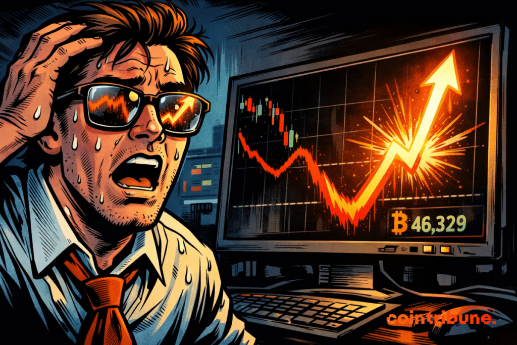 Ilustração de um trader estressado diante de uma tela exibindo um gráfico do Bitcoin em forte alta após uma queda brusca.