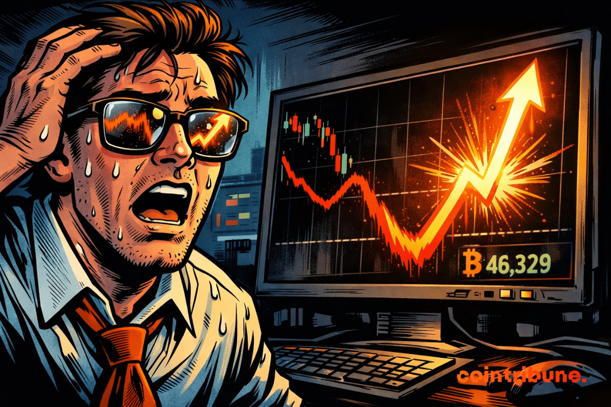 Illustration of a stressed trader in front of a screen displaying a Bitcoin chart surging sharply after a sudden drop