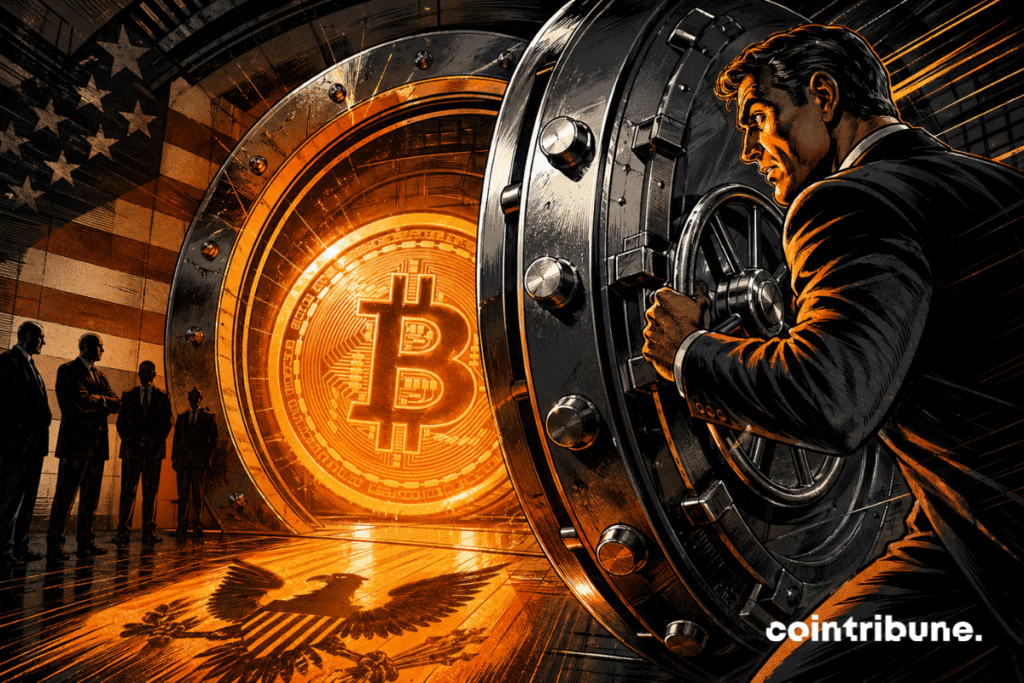 Agent opening a vault illuminated by a giant Bitcoin.