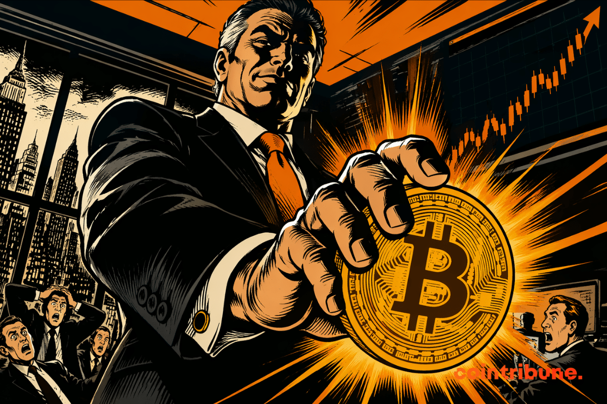 Illustration d’un homme d’affaires dominant tenant un Bitcoin, avec un graphique haussier en arrière-plan, symbolisant BlackRock qui reprend ses achats.