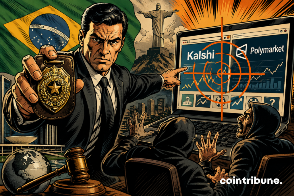 Illustration montrant le Brésil ciblant les plateformes Kalshi et Polymarket dans le cadre d’un durcissement réglementaire sur les marchés prédictifs.