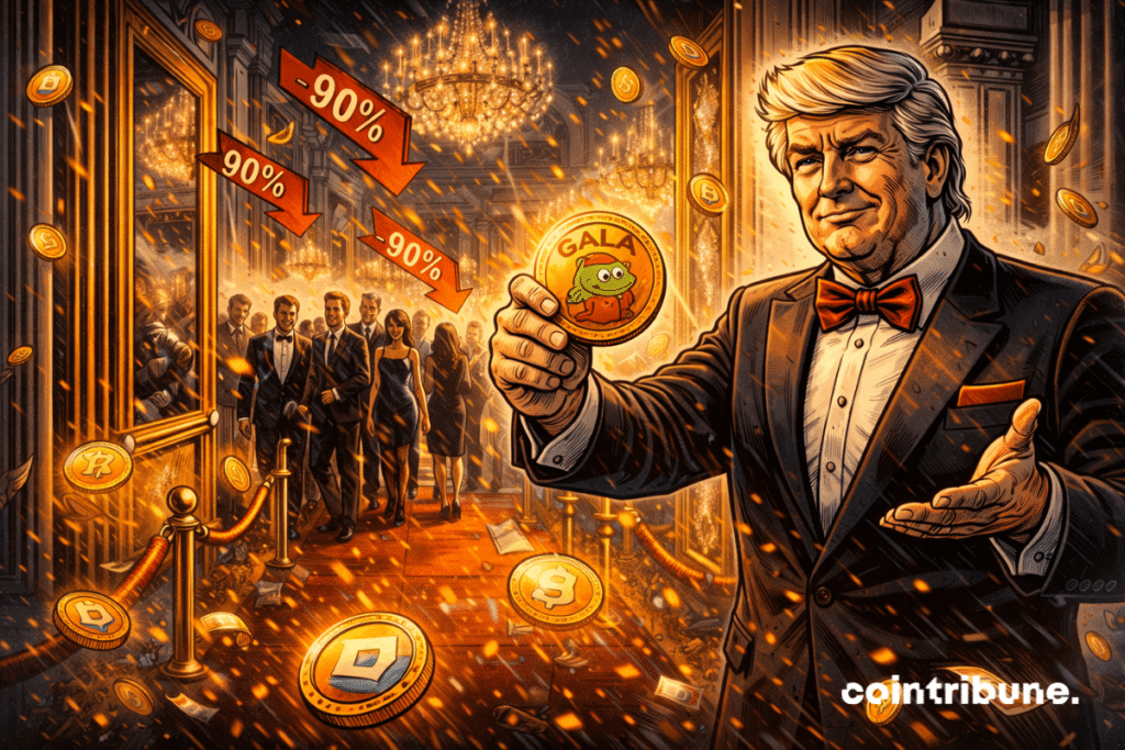 Un homme élégant accueille une foule massive dans un gala luxueux, tenant un token dévalué tandis que le prestige s’effondre autour lui