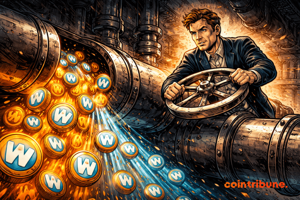 A leader closes a massive valve, abruptly slowing the flow of tokens—symbolizing sudden control following excessive distribution