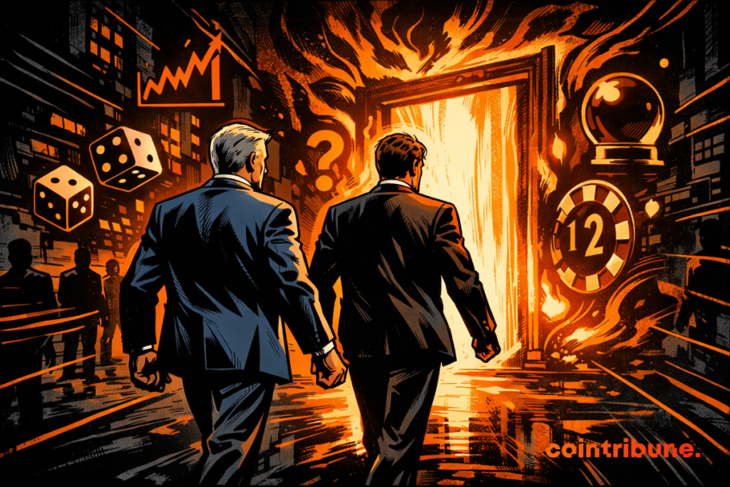 Illustration showing two men in suits walking toward a glowing doorway surrounded by financial and gaming symbols, illustrating prediction markets.