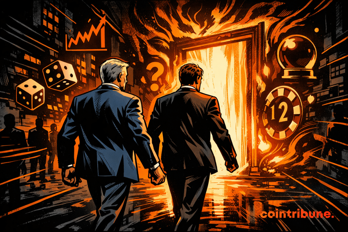 Illustration montrant deux hommes en costume, symbolisant Charles Schwab et Citadel, avancent vers une porte lumineuse entourée de symboles liés aux marchés de prédiction.