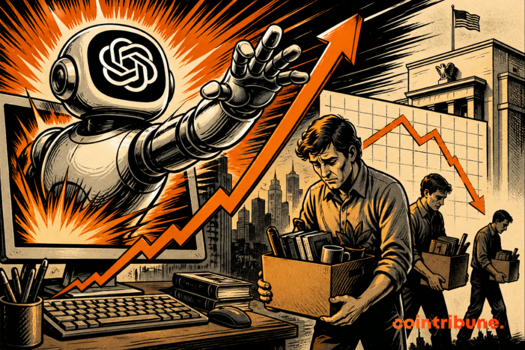 Illustration montrant l’essor de ChatGPT face à des développeurs touchés par un ralentissement de l’embauche, avec la Fed en arrière-plan.