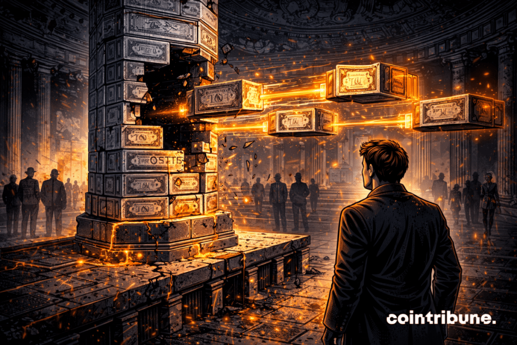 Una columna abstracta que representa los bonos del Tesoro pierde progresivamente grandes bloques, retirados por un flujo organizado proveniente de un polo opuesto, simbolizando las ventas de China.