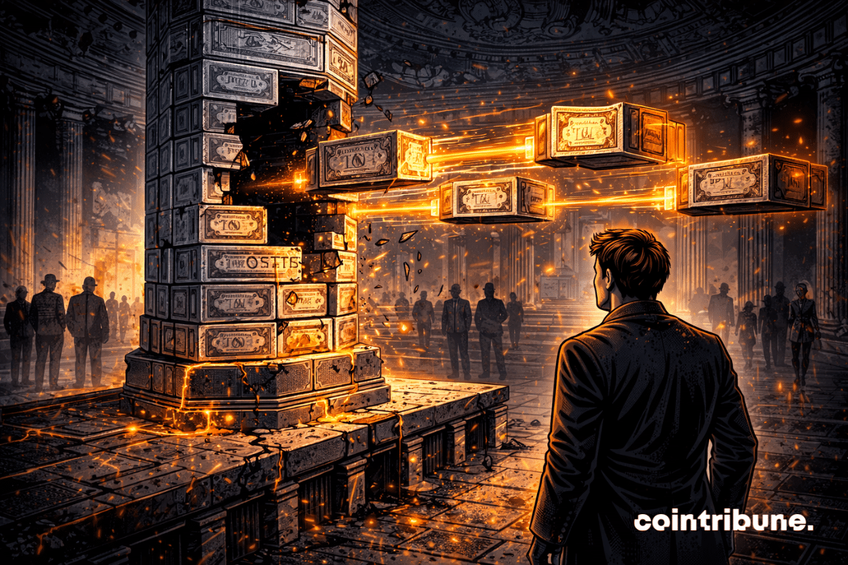 Une colonne abstraite représentant les bons du Trésor perd progressivement de gros blocs, retirés par un flux organisé venant d’un pôle opposé, ce qui symbolise les ventes de la Chine.