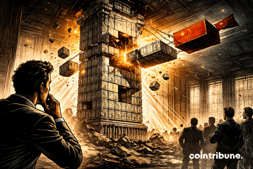 A financial column is being gradually emptied, symbolizing China’s sale of U.S. Treasury bonds.