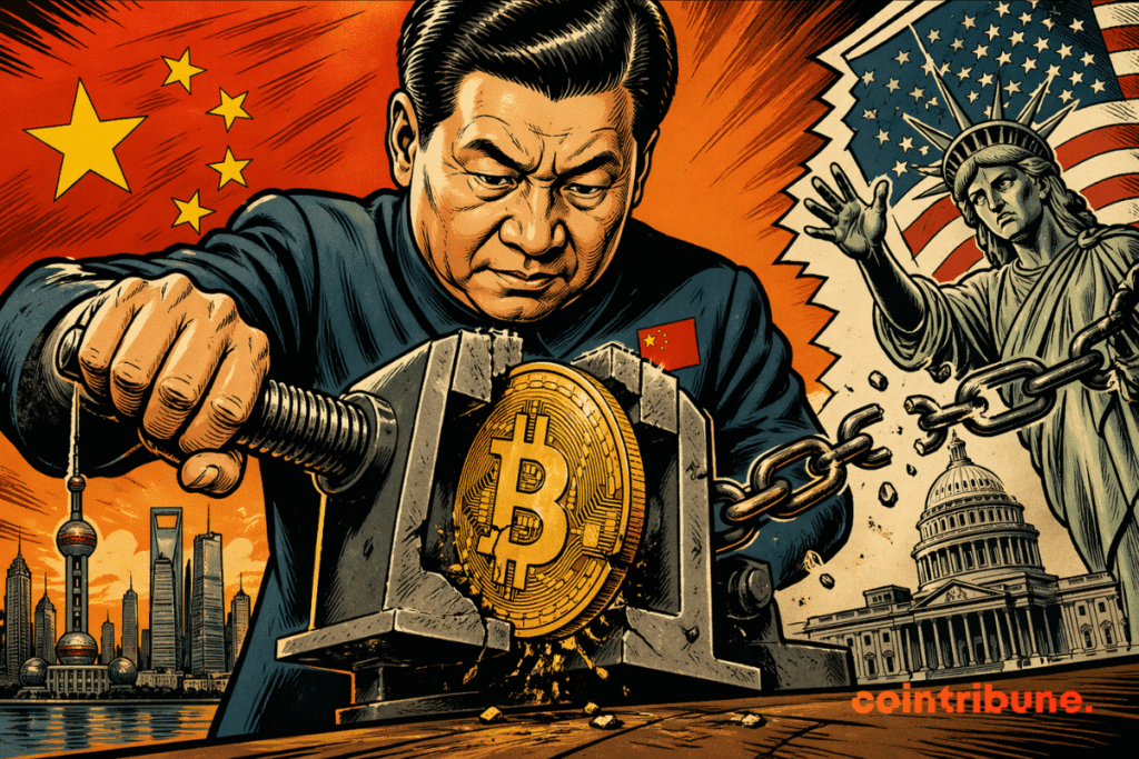Illustration showing China squeezing a bitcoin in a vise, with the Chinese flag, Shanghai, the Statue of Liberty, and the U.S. Capitol in the background.