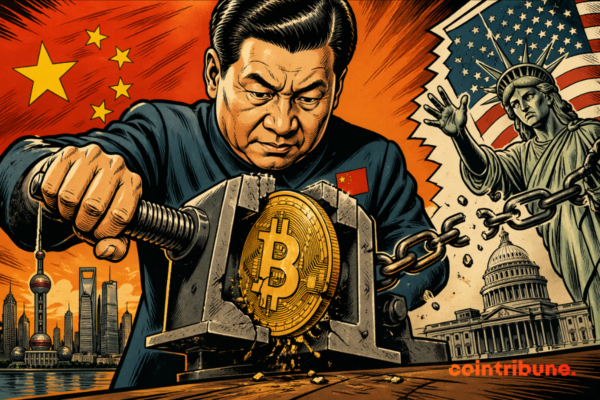 Illustration montrant la Chine serrant un bitcoin dans un étau, avec le drapeau chinois, Shanghai, la Statue de la Liberté et le Capitole américain en arrière-plan.