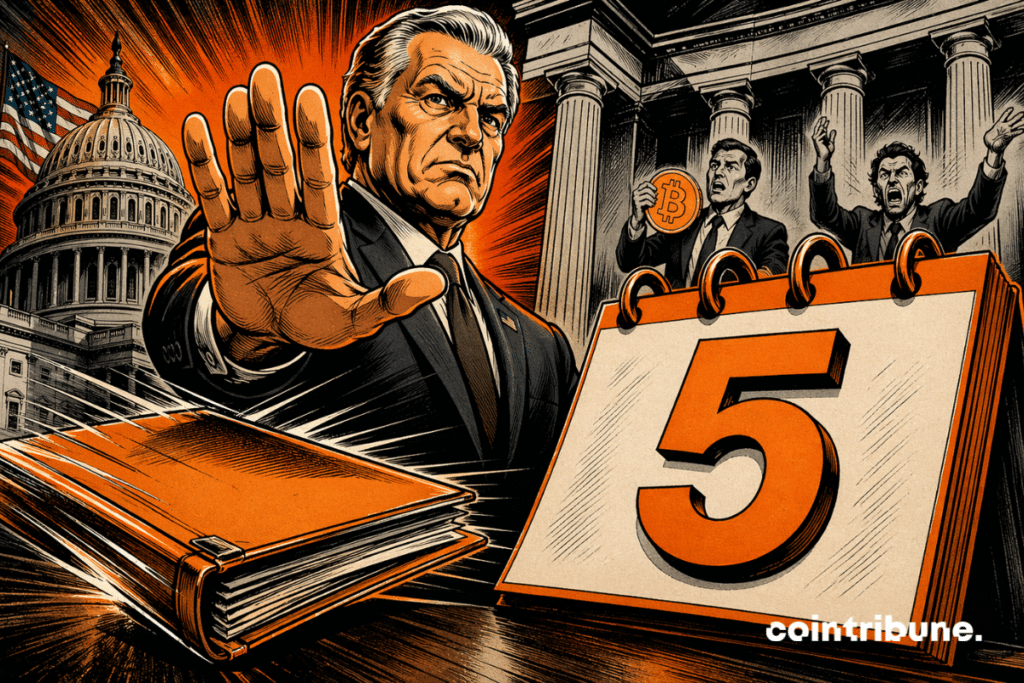 illustration of a senator making a stop gesture in front of a calendar marked “5,” with the Capitol and crypto symbols in the background