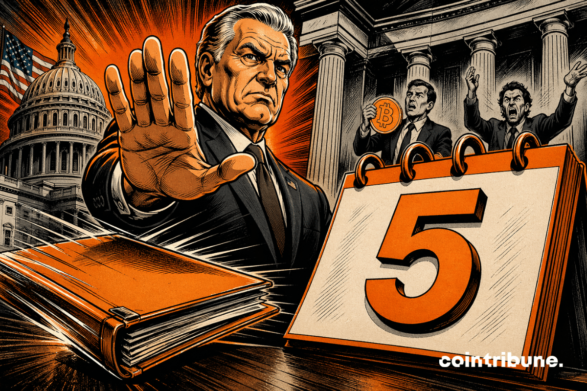 illustration of a senator making a stop gesture in front of a calendar marked “5,” with the Capitol and crypto symbols in the background