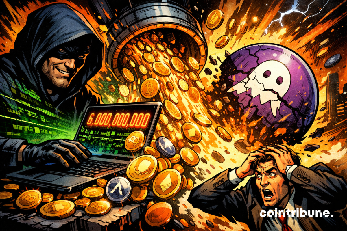 Hacker, pluie de crypto, logo Aave brisé.