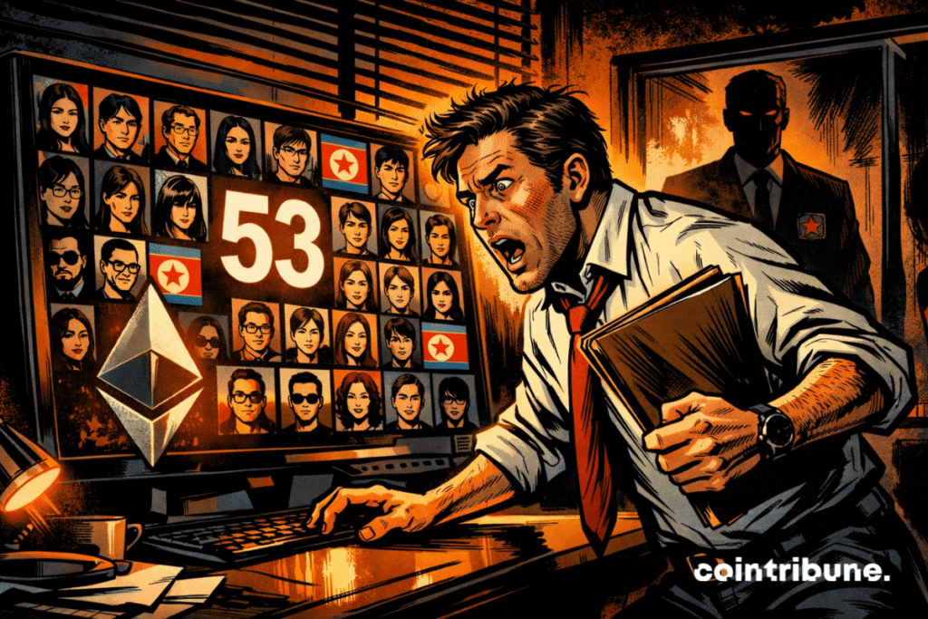 Alarmed man in front of a crypto screen.