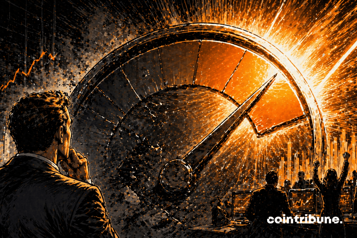 A massive abstract gauge dominates the scene. The needle is violently propelled upward. The lower part of the gauge is dark and cracked (reflecting past distrust). The upper part is bright and radiant, filled with energy, symbolizing the rise of the Crypto Fear & Greed Index. An observer in the foreground watches the surge with surprise and relief.