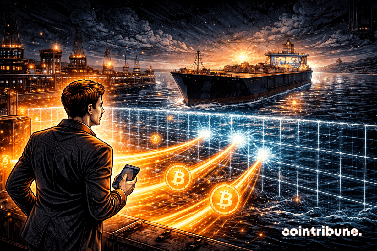 Dans un port d’Iran, des flux crypto lumineux circulent vers le navire, mais sont interceptés par une barrière ou une grille invisible.