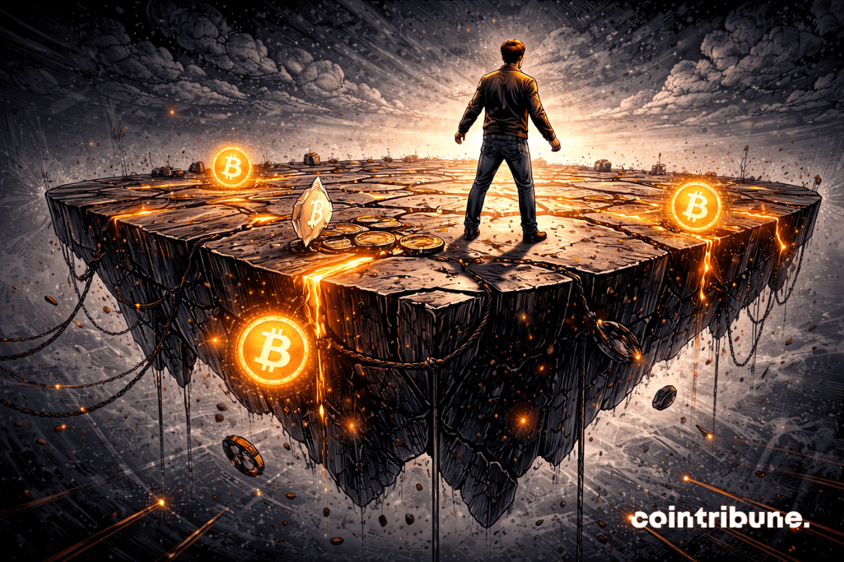 Un investisseur est debout sur une structure crypto réparée, mais encore fragile.