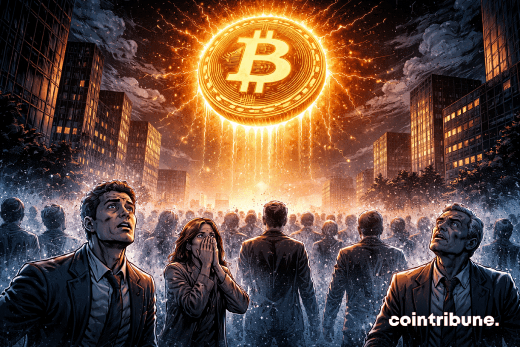 A massive Bitcoin suspended in mid-air, surrounded by an unstable halo yet remaining motionless, symbolizing the dominance of extreme fear over the crypto market.