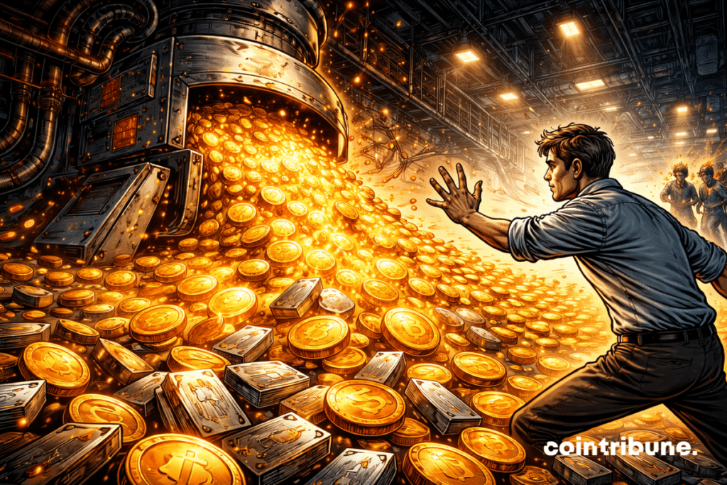 A mass of glowing tokens is pouring out of a crypto creation machine.