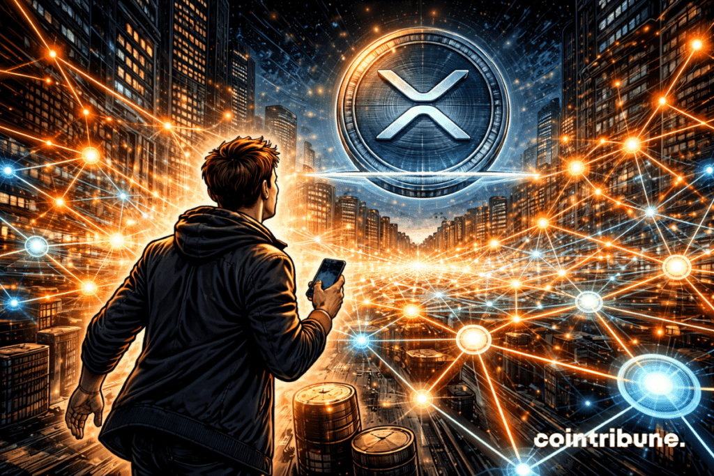 Une sphère composée de millions de points reliés s’illumine et grandit dans le ciel, tandis qu’en bas une ligne horizontale abstraite ou un jeton XRP reste stable, presque figé.