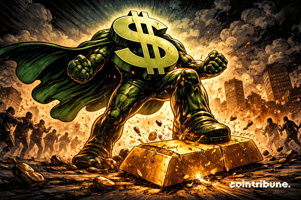 Un dollar géant écrase violemment un lingot d’or fissuré, dominant un paysage chaotique où la valeur refuge s’effondre sous pression