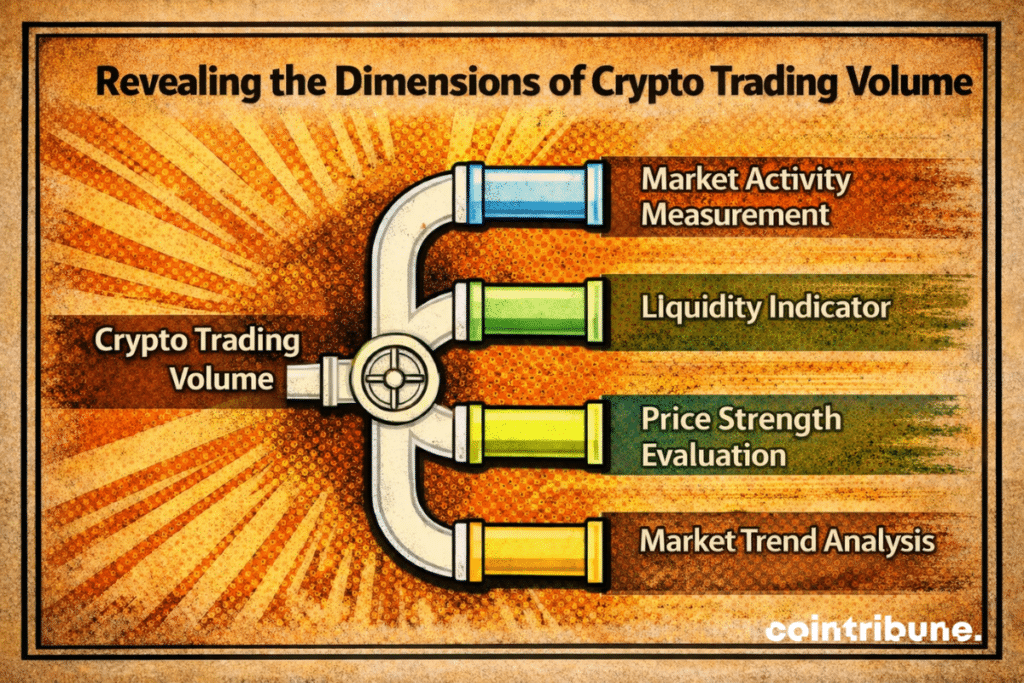 An infographic showing the concept of crypto trading volume as a central hub connected to four key functions: market activity measurement, liquidity indicator, price strength evaluation, and market trend analysis, represented by colored pipes branching out.