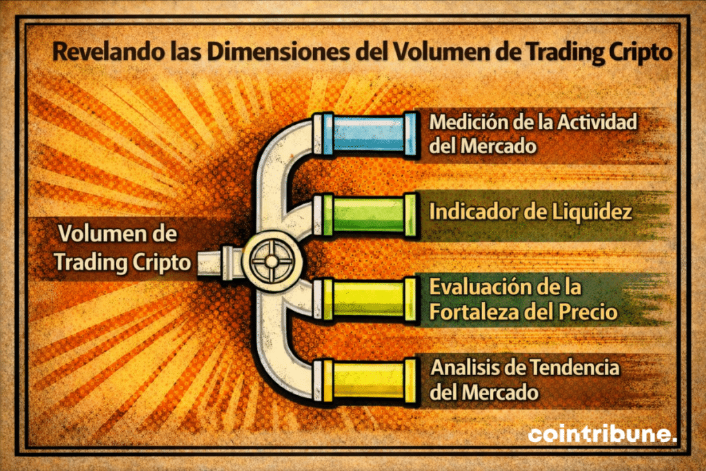 Una infografía que ilustra el concepto de volumen de operaciones cripto como un elemento central conectado a cuatro funciones importantes: medir la actividad del mercado, indicar liquidez, evaluar la fuerza del precio y analizar las tendencias del mercado, representadas por tuberías de colores que se ramifican.