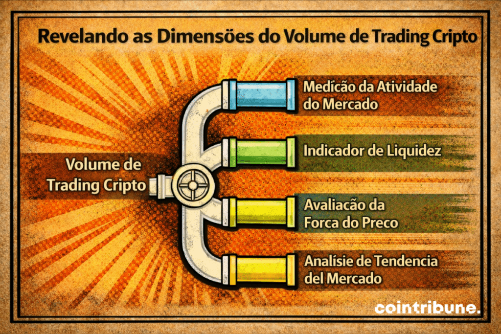 Um infográfico mostrando o conceito de volume de negociação cripto como um hub central conectado a quatro funções chave: medição da atividade do mercado, indicador de liquidez, avaliação da força do preço e análise da tendência do mercado, representado por tubos coloridos ramificando-se.