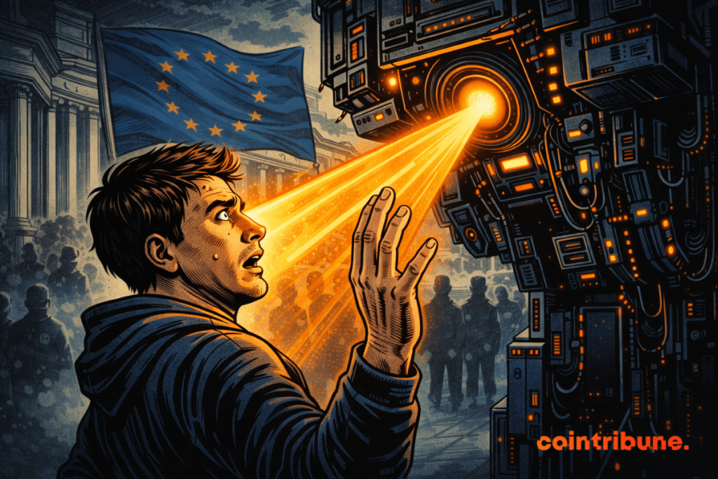 Un financiero abre una puerta gigante hacia un mundo criptográfico brillante, atrayendo a una multitud masiva que simboliza una adopción institucional espectacular y rápida.