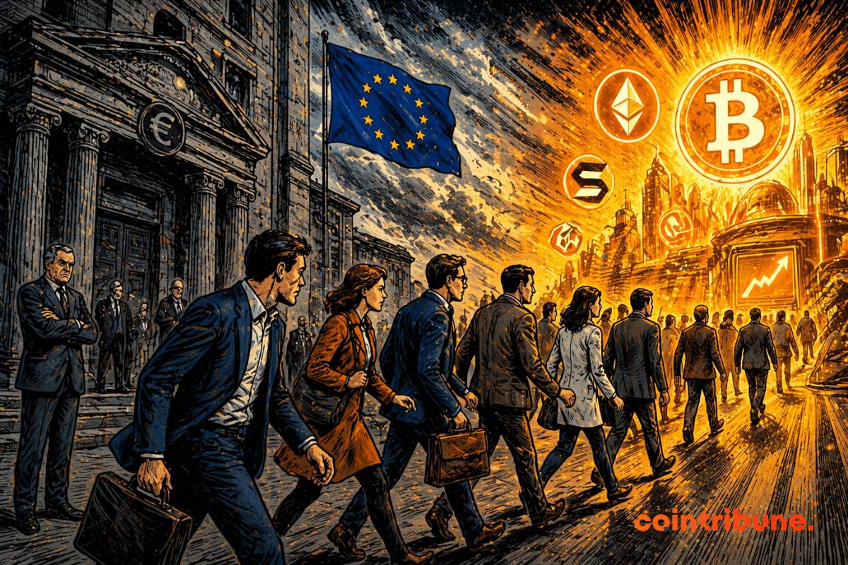 Une foule d’investisseurs déterminés quitte une banque traditionnelle pour rejoindre un univers crypto lumineux, symbolisant un basculement financier majeur en Europe