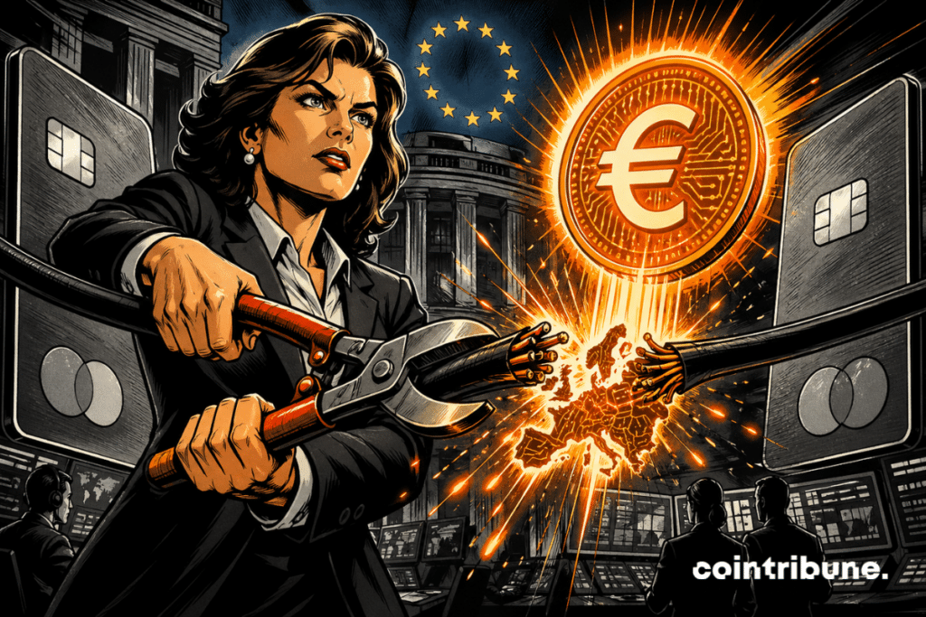 Une responsable européenne coupe un câble entre cartes bancaires et euro numérique lumineux.